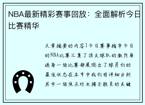 NBA最新精彩赛事回放：全面解析今日比赛精华